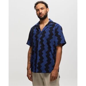 OAS Galaxy Zig Cuba Terry Shirt - Blue/Black Zig Zag Terrycloth Button Up Shirt